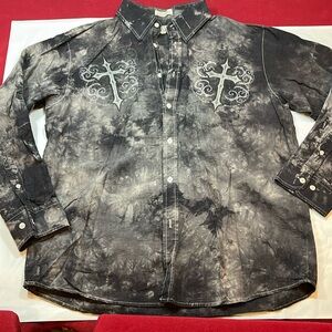 Eighty Eight Apparel black gray CROSS GOTH button up Shirt Men Bleach Dye Y2k XL